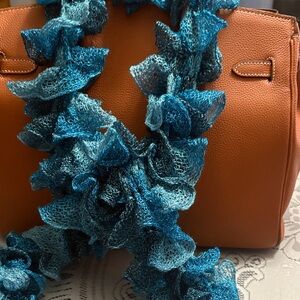 Ruffled Mesh Scarf in Teal Blue hand crochet